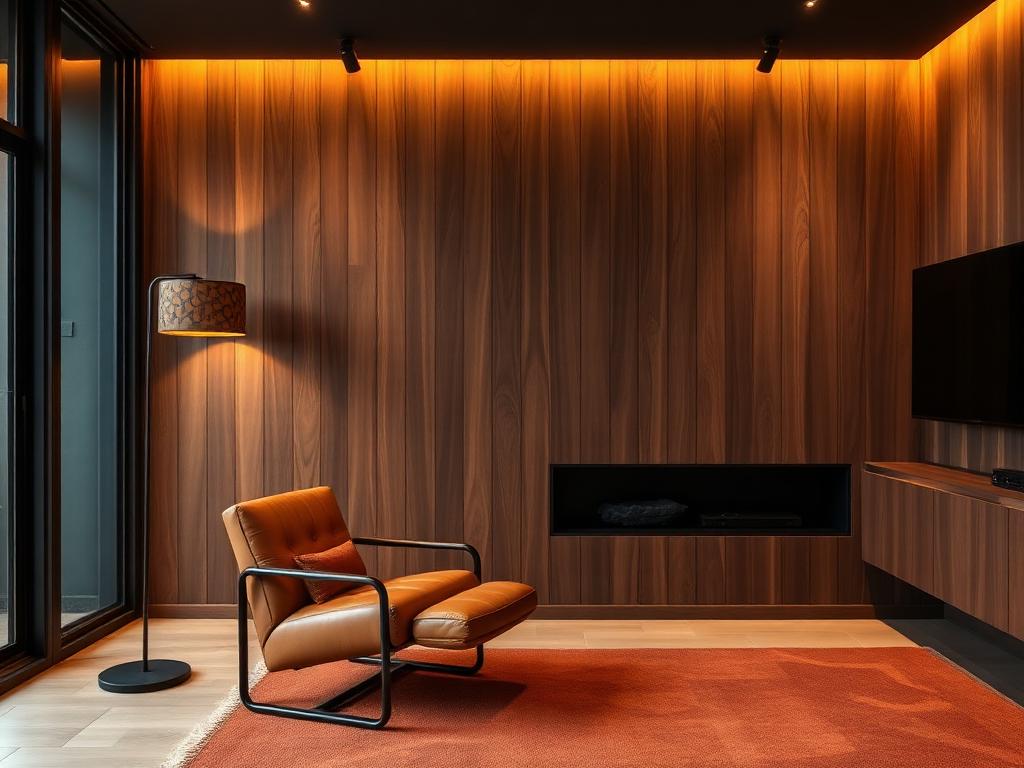 Sala contemporánea con lambrín de nogal y sillón de piel