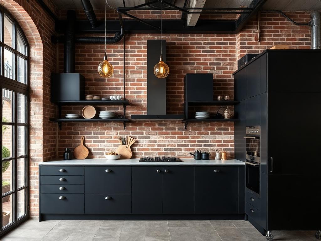 Cocina industrial con gabinetes negros y ladrillo aparente