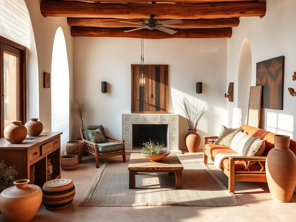 Interior mexicano contemporáneo con madera maciza y barro