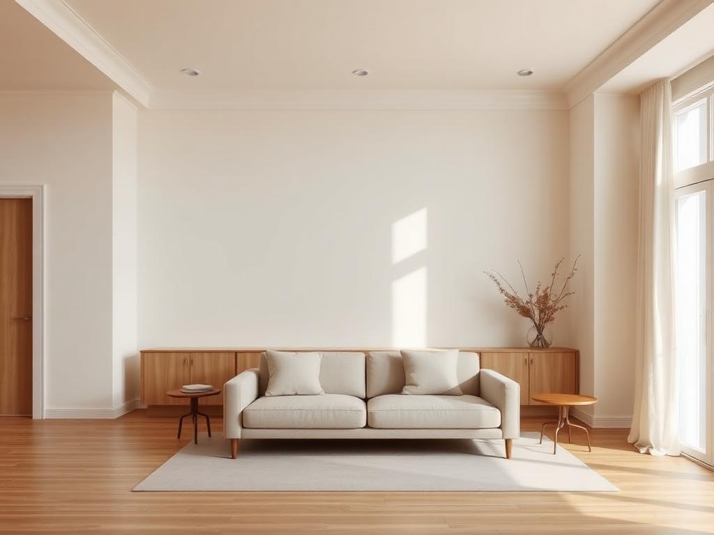 Sala minimalista con muebles de roble claro y paredes crema
